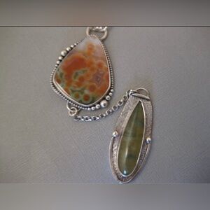 Handcrafted Ocean Jasper and Jade Sterling Metalwork Lariat Pendant